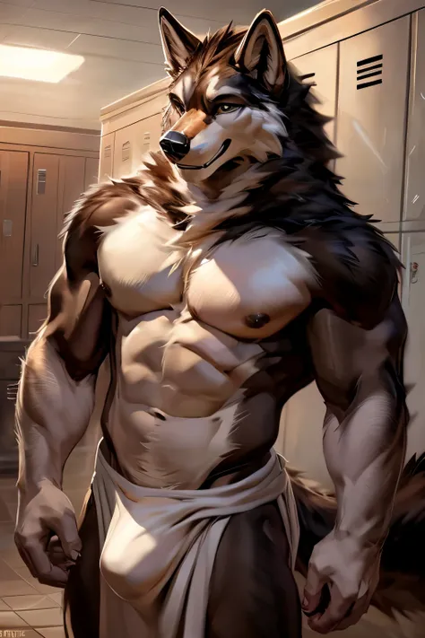 ((By Chunie)), ((By Zaush)) ((By Darkgem)), ((By Anhes)), Handsome, cute, sexy, hot male anthro furry ((Gray Wolf)), inside men's showers and locker room, best quality, amazing quality, male, furry, pecs, muscles, abs, wolf, locker room, showers, canine, m...