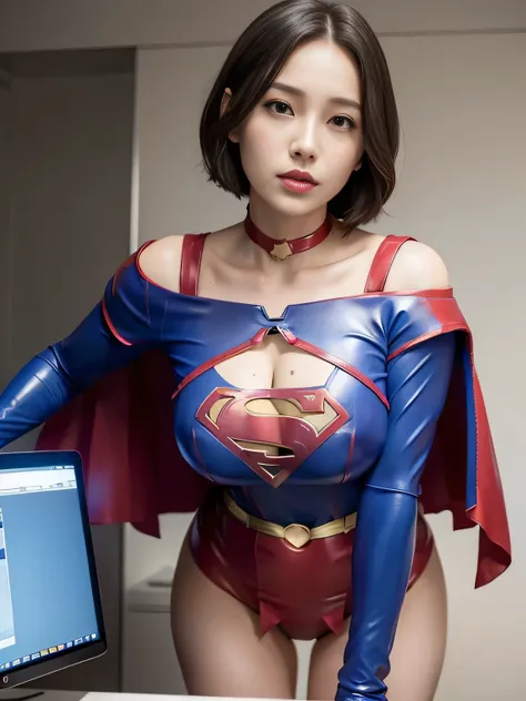 masterpiece、Latex Supergirl Costume、off shoulder、Ultra short hair、Moist Body、 Shiny Sweaty Skin 、face to face、choker、Provocative cleavage 、 Long Sleeve、Cape、Glamorous bare legs、Close up shot of a young slutty supergirl being scanned by a fake doctor with a...