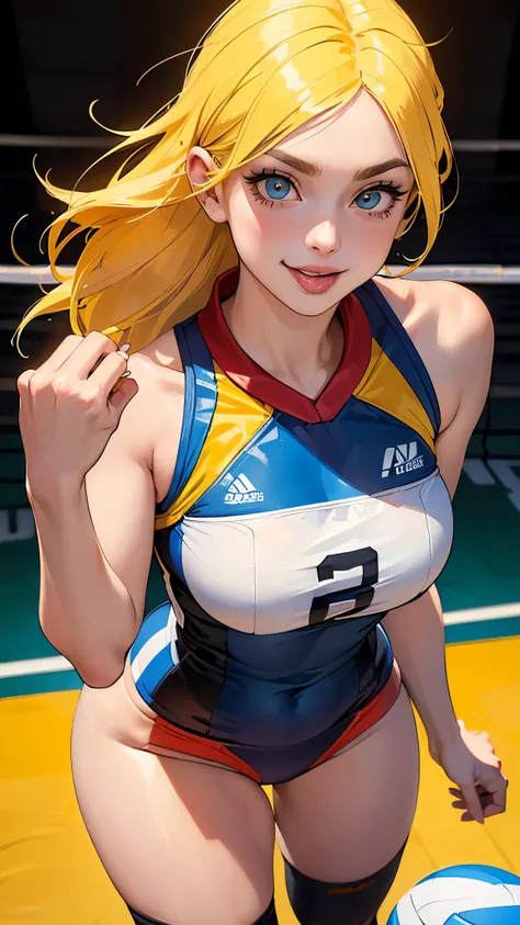 Avant-garde pop art, (((Standing on the volleyball court))), amazing, best quality, vector art, stylish design, ((The most beautiful girl ever)), (((Best quality))), HDR, ((Details)), ((Masterpiece)), ((Super detailed)), ((Looking sideways, looking at the ...