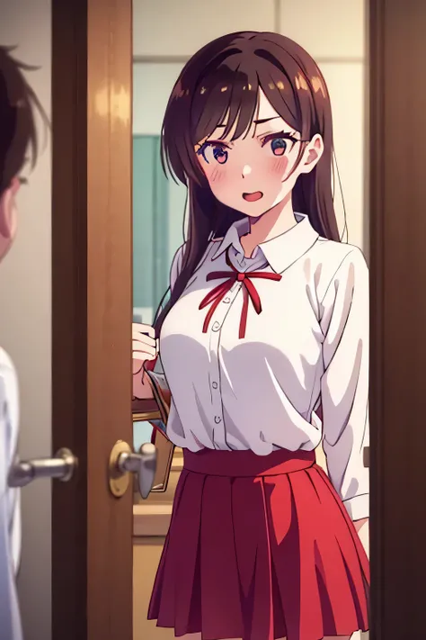 Chizuru Ichinose, 1 man, 1 girl, scholar uniform, red skirt, white shirt, in a living room, masterpiece, ultra detail, long loose hair, standing, singing, sexy, open door