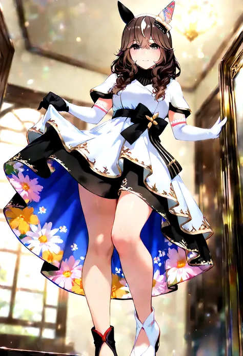 (masterpiece), highly detailed, best quality, (high resolution), 1girl,curren bouquetdor (umamusume), from below, gentle smile, dress lifting, brown hair, brown eyes, ear covers, twin braids, streaked hair, (floral print),two-sided fabric, mismatched footw...