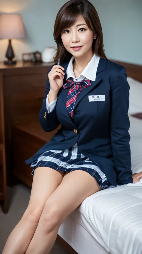 (Highest quality, 4K, High Resolution, masterpiece, Genuine, realistic, realistic:1.3), Woman sitting on bed and touching skirt, girl in blue bow tie uniform , Dark Blown Blazer ,  the blown plaid skirt  , has legs open:1.2, ((panty shot:1.5)),  wearing a ...