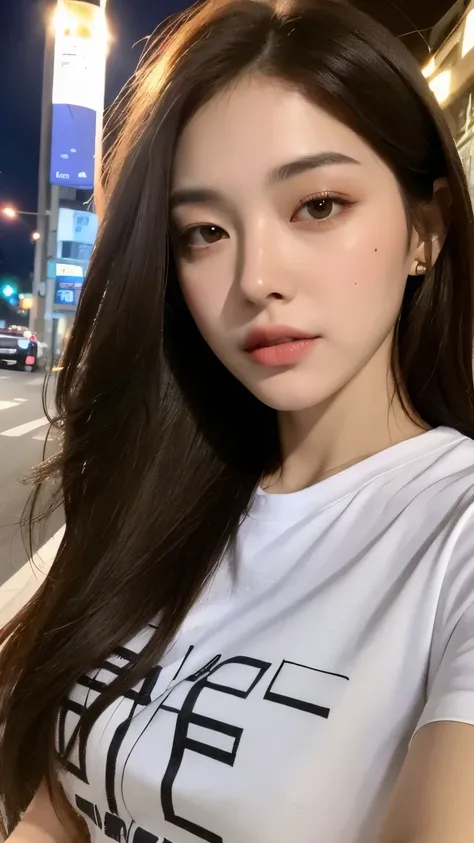 (Best Quality, High Resolution, masterpiece :1.3), A beautiful woman ,  Slim Fit, Dark Brown Hair, t-shirt, (City night streets ), Highly delicate face and skin texture,  detailed eyes ,  Double Eyelids