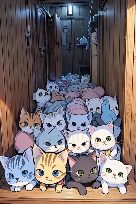 ((boy:1.15)),((:3:1.3)),(smile:1.15),((A lot of cat stuffed animal are piled up:1.25)),((A lot of cats showed up:1.3)),((cat paradise:1.25))