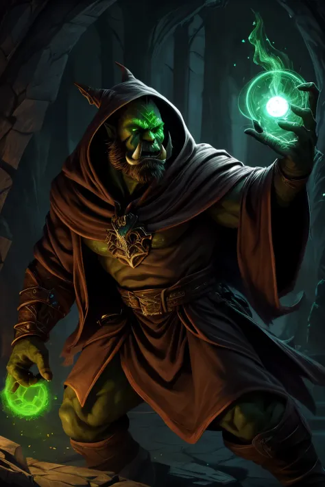 Orc warlock, Tusks, Glowing eyes, Hooded, Necromancy robe, Grimoire, Glowing green, Casting spell, Magic, Dynamic pose, Epic, Fantasy, Side portrait