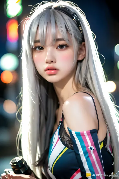 masterpiece, high quality, High Resolution, 8k, (Alone:1.2), ((1 girl)), Japanese Woman, detailed faces, detailed eyes, The right build, upper body, (( white hair:1.2)), very long hair, Halterbra, slim body,  Fascinating Silhouettes , Glorious skeleton, de...