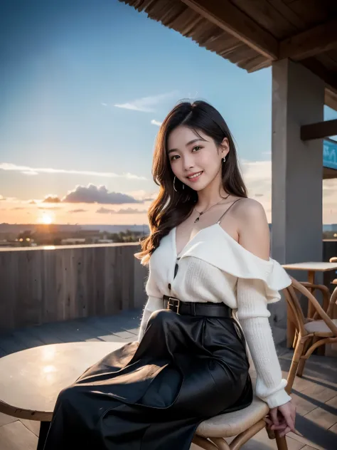 ((Highest quality、masterpiece、8k、best image quality、hyperrealism))、(1 beauty)、Café with Stylish Viewing Terrace、Sitting in Refined Chairs、Amazing sunset、Vivid Sunset、STUNNING CINEMATIC LIGHTING 、(cowboy shot:1.2)、Staring at Me and Smiling、Neat Tops 、 gorge...