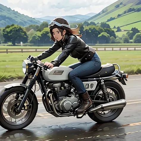 Vintage Bikes、victory、Isle of Man Races、(A young female rider speeds along on a motorcycle)、Leather jumper、Cromwell helmet with goggles、After the Rain、English countryside、
