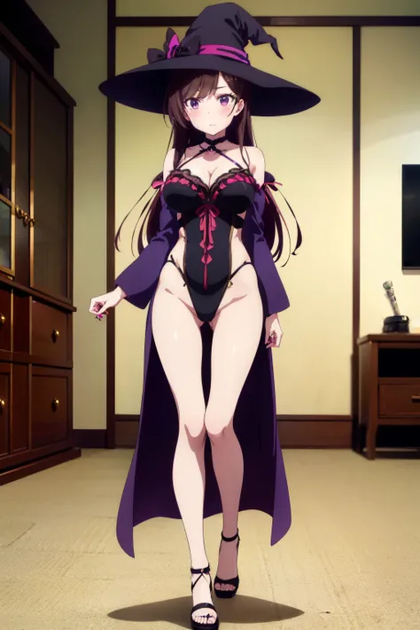 Chizuru Ichinose, sexy, black witch costume with magic wand, magician purple robe, detailed anime style, halloween costume, 8k, masterpiece, in the living room, masterpiece,  long loose hair, full body shot, beautiful girl