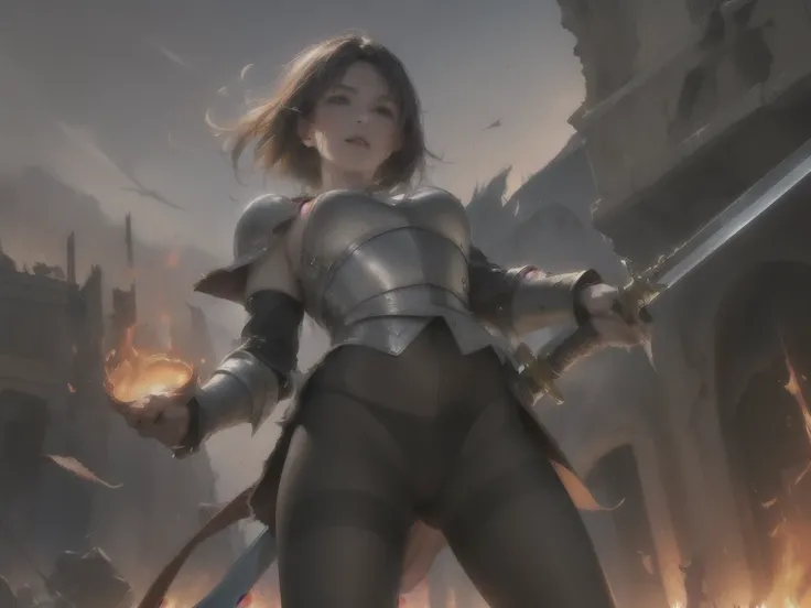 (stylized old painting image), saint female fighter, (leather:1.5) armor, fighting, (see through thin pantyhose (with pubic:1.3)), sword with fire, ruin, focus on her vagina, big sky, round shield, 