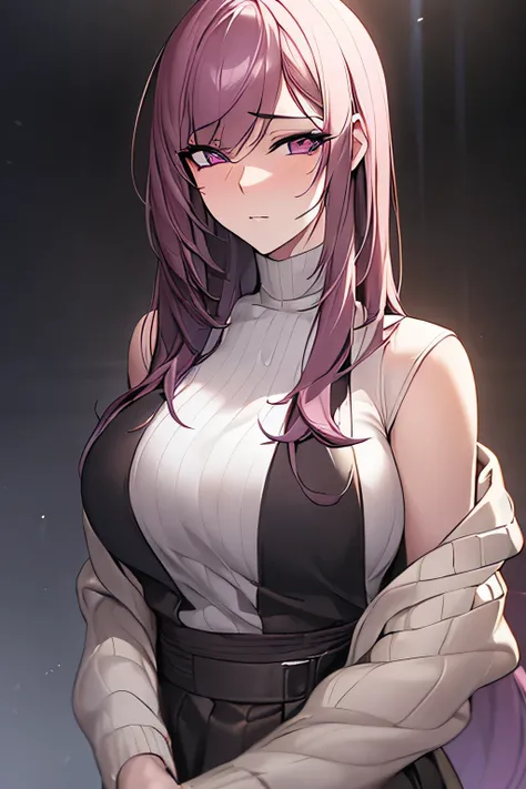 A highly detailed portrait of a tall, slender young woman with dark brown semi-long hair featuring pinkish-purple highlights. She has a delicate, introspective expression with tired eyes that hint at inner conflict. She is wearing a modest outfit with a lo...