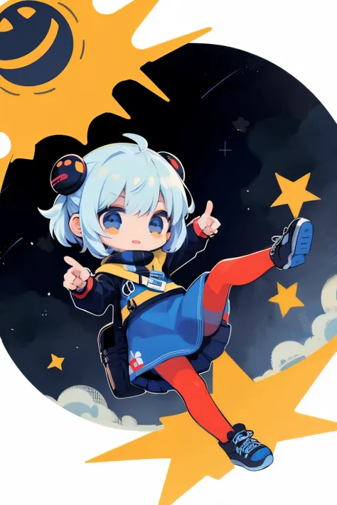 (sticker),#quality(8k,best quality, masterpiece),solo, #1girl(cute, kawaii,small ,smile,hair floating,hair color cosmic,pigtail hair,zombie skin,ghost skin ,skin color blue,pale skin,eye color cosmic,eyes shining,big eyes,damaged clothes,heavy metal costum...