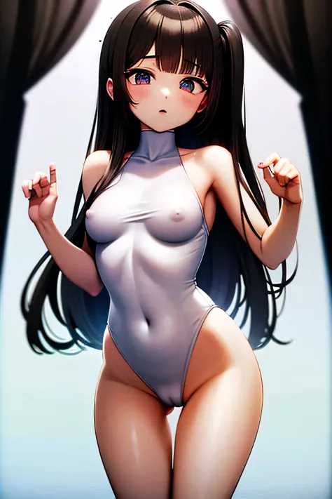 (masterpiece, best quality, absurdres, detailed:1.2),Her white swimsuit becomes transparent when it gets wet, and you can clearly see the shape of her nipples and pussy.、 (small tits, thigh gap,7歳)