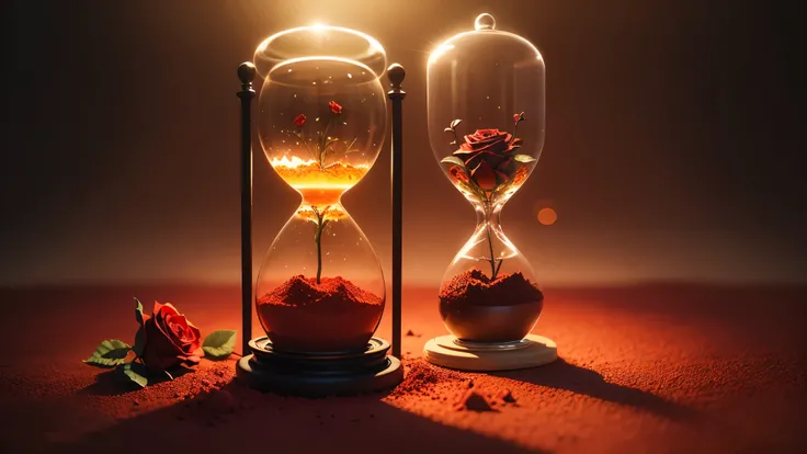 a beautiful fantasy hourglass with red sand. Very dark background. Very dark red roses.  