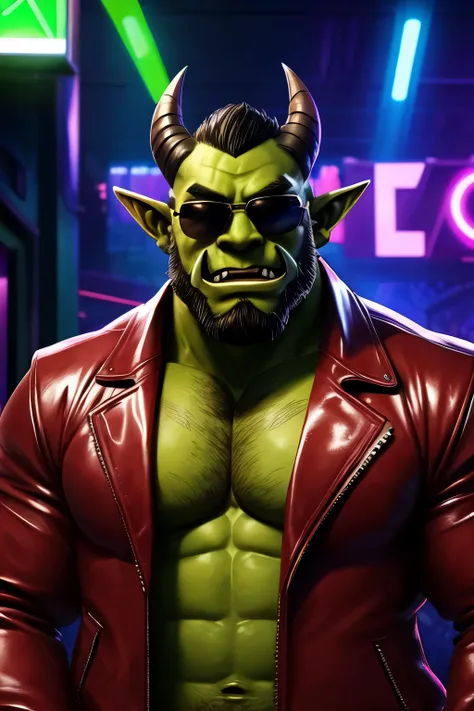 score_9, score_8_up, score_7_up, score_6_up, solo, sunglasses, yakuza, massive beard, thiefling has giant horns on his head, stone skin, cool dude, red leather jacket, large horns, orc troll ogre, portrait, scifi thug, male, nightclub background