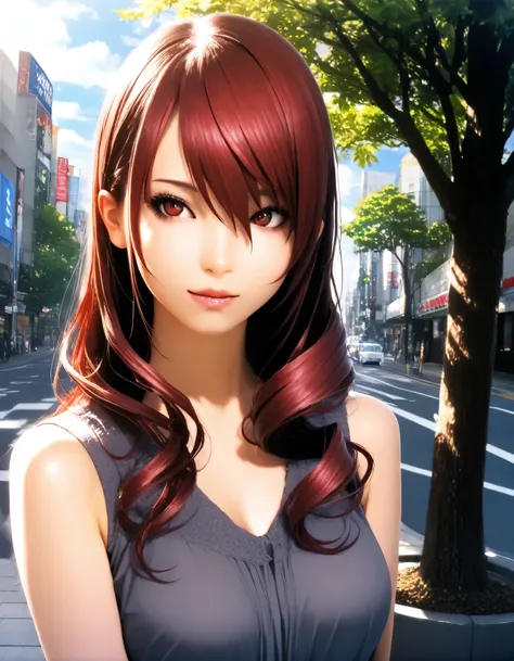 1girl, kirijou mitsuru, persona, year 2016, upper body, Shibuya, street tree, morning sunshine, masterpiece, high score, great score, absurdres, 16k, super detail