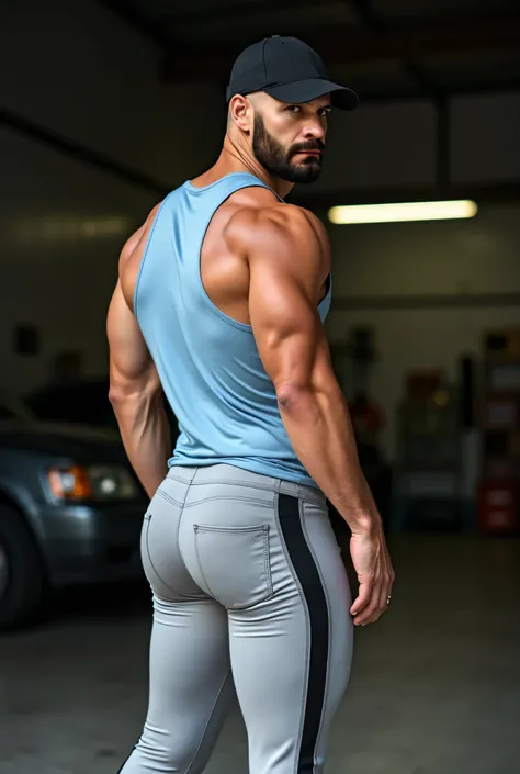 Realistic photograph , 30-year-old bald muscular (((athletic man))) , , view from below, in profile, light blue tank top and very tight light gray pants with black vertical lines on side, in profile, Big butt, viendo a cámara, at the garage, big ass, sexy ...