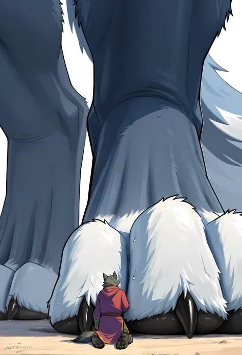  (macro size: 1.3), (describe image of a giant wolf boys foot in front of an adventurer, most out of frame: 1.2), an adventurer kneeling and touching at a closeup wolf foot, simple background, (2boys: 1.1) (height difference), (wolf foot closeup: 1.2), (fu...