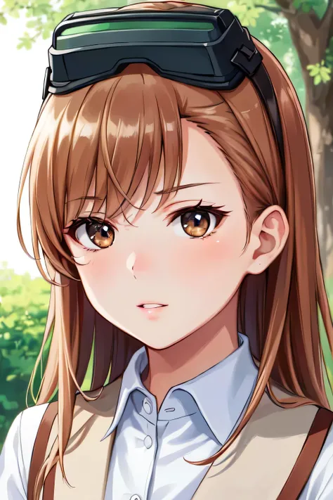 half-closed eyes:1.3, MISAKA 10032, 10032, Neutral face:1.3, Blank-faced:1.3, tokiwadai school, uniform, goggles on head  (extremely dlietailed CG, masterpiece, highres icon,absurdres,4K)