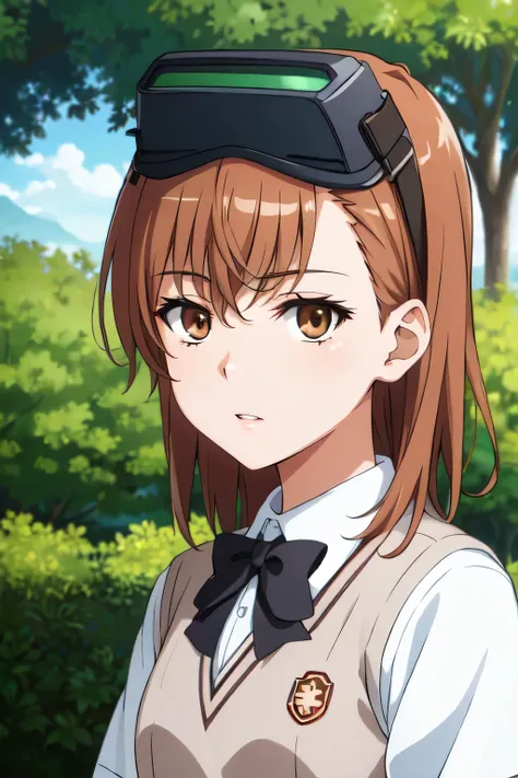 half-closed eyes:1.3, MISAKA 10032, 10032, Neutral face:1.3, Blank-faced:1.3, tokiwadai school, uniform, goggles on head  (extremely dlietailed CG, masterpiece, highres icon,absurdres,4K)