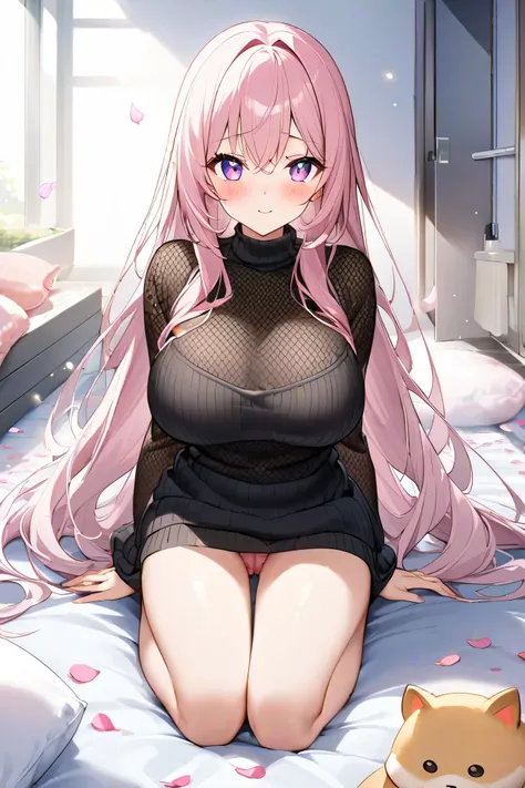 28 year old beautiful girl、long hair。
 characters are anime designs 。
 hair is silver。
Eye color is gold 。
The figure is glamorous 。Big bust 。
 the pubic area is fully covered 。
has an ecstatic expression with estrus。
Wear a black turtleneck warp knit swea...