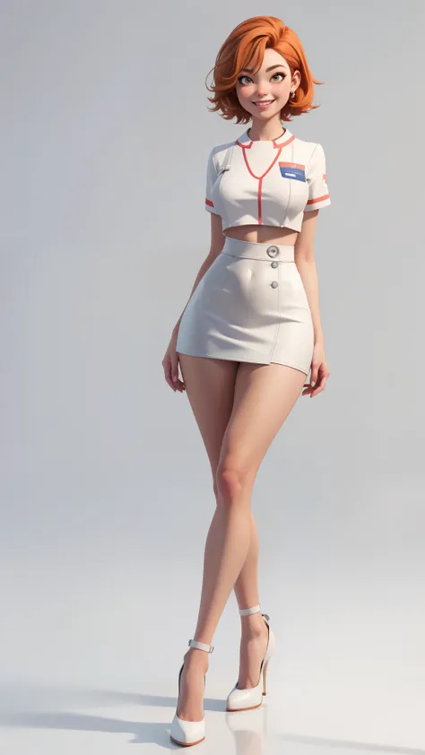 high detailed, masterpiece, 1girl, cartoon character nurse in a mini skirt and high heel shoes, crivage, short ginger hair. Perfect hands, medium-smallbreast, wide hips, thick thighs, sensual smile, ultra realistic digital art, a 3D render, photorealism, c...