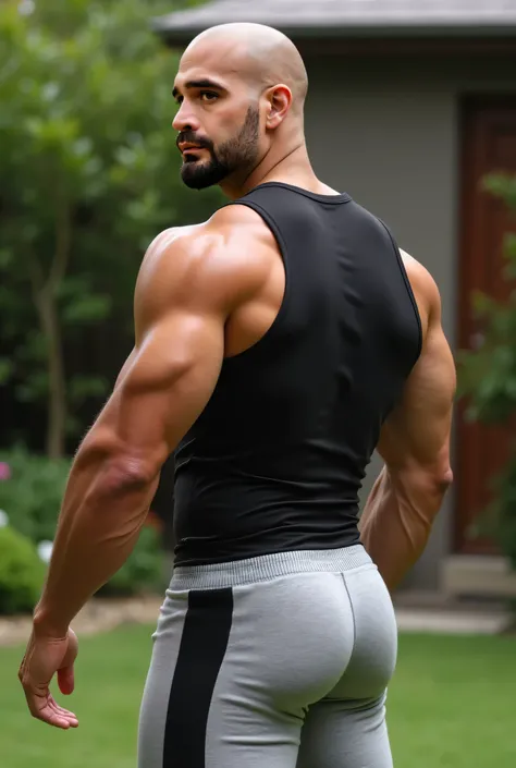 Realistic photograph , 30-year-old bald muscular (((athletic man))) , , view from below, in profile, black tank top and very tight light gray pants with black vertical lines on side, in profile, Big butt, viendo a cámara, in the yard, big ass, sexy man, ve...