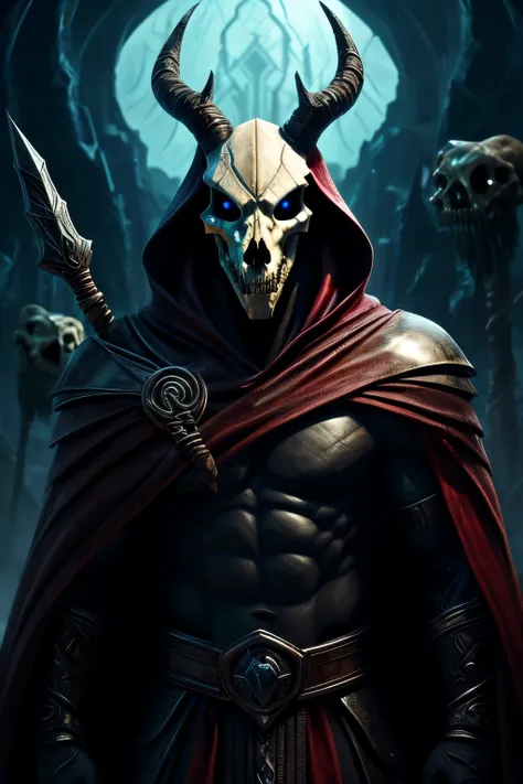 HDR, 8k, high contrast, masterpiece, best quality, amazing quality, very aesthetic, high resolution, ultra-detailed, absurdres, newest, scenery, (A cinematic shot of an evil hooded necromancer, he has beautiful face features looking mysterious, wearing arm...