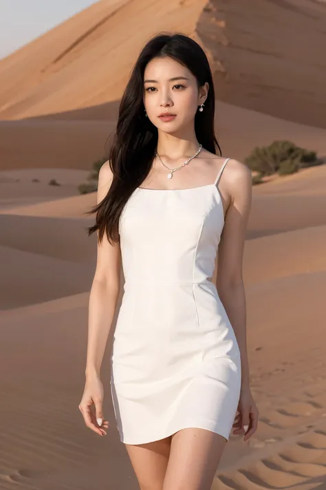  Highest quality, masterpiece, High Resolution, Photorealistic, RAW photo,  8k Wallpaper, perfection,  professional lighting, very well detailed, Depth of Written Boundary, one girl, the whole body、 desert、アタカマ desert、white dress、miniskirt、high heels, PEAR...