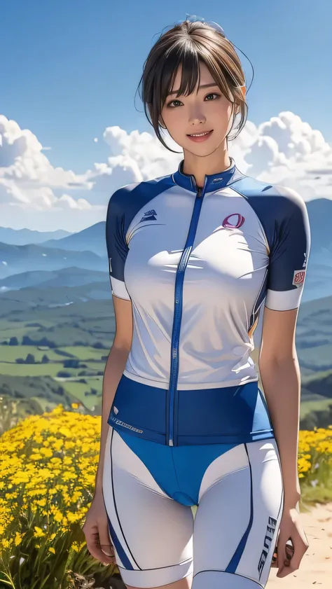  (girl, ,  Same Height  :1.2) , masterpiece，Mountain Biking，Cycling enthusiasts，beautiful girl，Professional clothing， Blue Sky and White Clouds ，8k,  Japanese girl ,  (Smile:0.7), Smile,   extremely short hair  , cameltoe, ( high color saturation :1.0),  (...