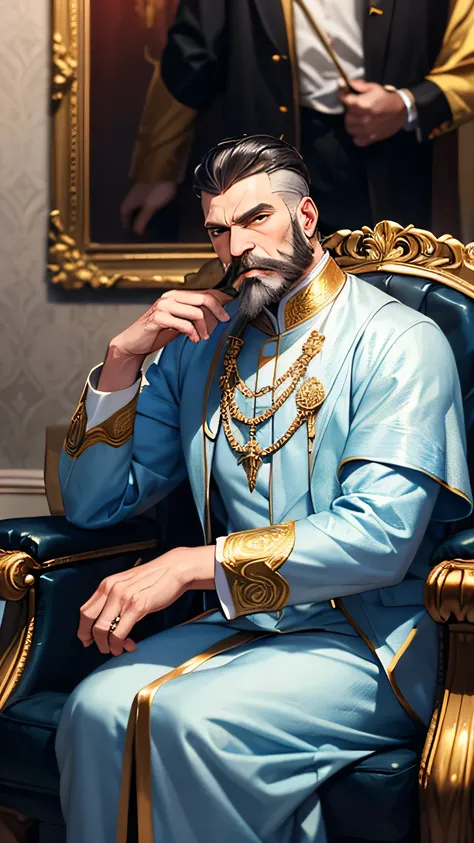 Mature man, short black hair with gray hair. Beard and mustache with gray hair. Serious look. Blue and white clothes, dressed like royalty. Sitting on his throne. Inside a golden royal room.