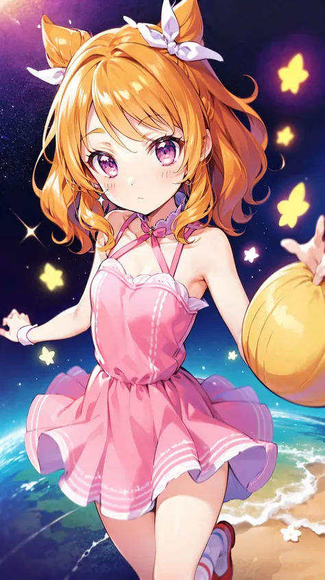 (( top quality, Hi-Res, perfect pixels, 16k)), anime style girls，one peple， orange hair， medium hair 、 pink eye（large1：2，beautiful detailed eyes）， Space in the background ， time warp towards Earth，best photography，perfect hands and fingers indoors