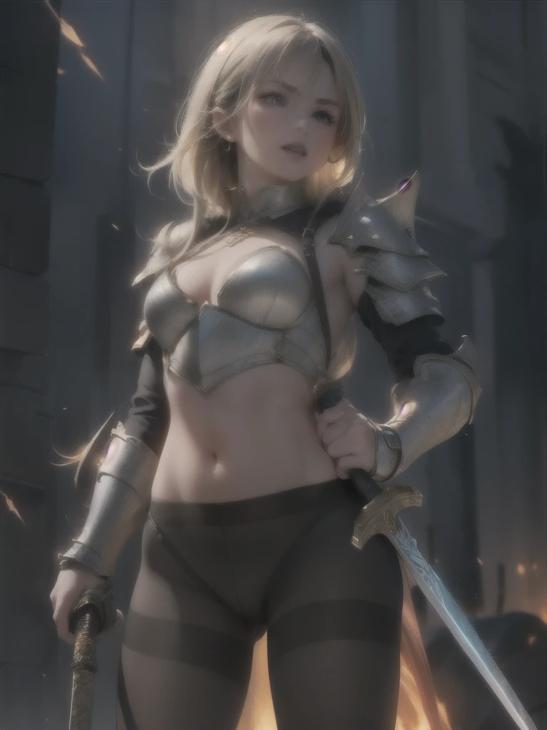 female fighter, armor, (dark pantyhose with pubic crack), sword, 