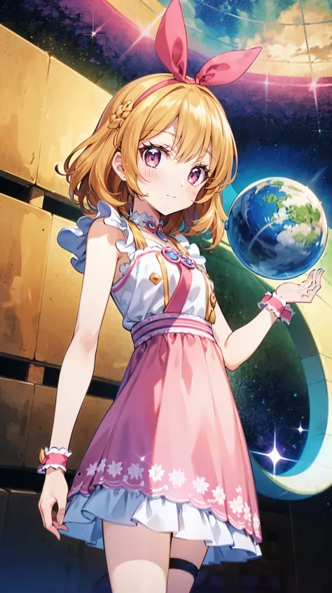 (( top quality, Hi-Res, perfect pixels, 16k)), anime style girls，one peple， orange hair，One pink ribbon on the head， medium hair 、 pink eye（large1：2，perfect detailed eyes），２０ -year-old woman's appearance，Spaceship＆Space in the background ，Heading to Earth，...