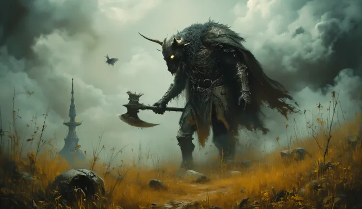 The perfect composition. A masterpiece. Close-up. A creepy large minotaur. The minotaur has a two-handed medieval axe in his two hands. He walks on two strong legs. Empty white eyes. The Minotaur is armored. gloomy lighting. dark yellow grass. The sky is c...