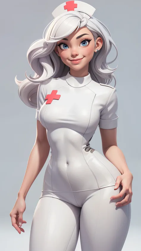 High detailed, masterpiece, 1girl, cartoon character sexy nurse. Crivage, chatain hair. Perfect hands, medium-small breasts, wide hips, thick thighs, sensual smile, closed mouth. Ultra realistic digital art, a 3D render, photorealism, clean scene, white ba...