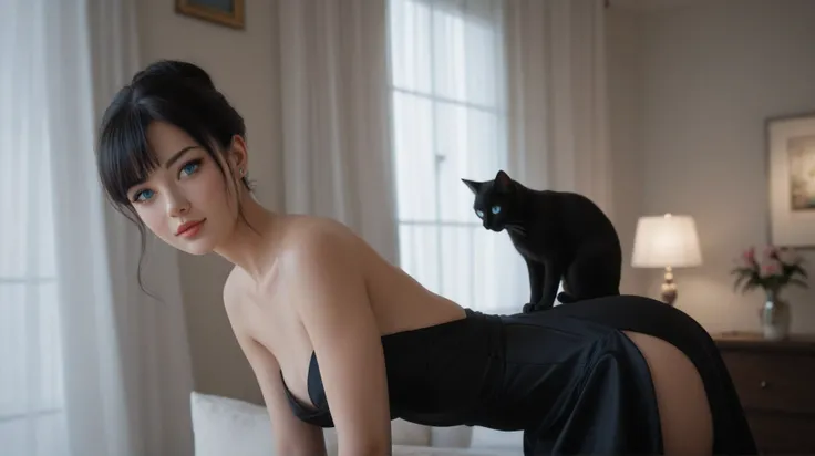 Japanese woman in a sexy dress and a black cat with blue eyes