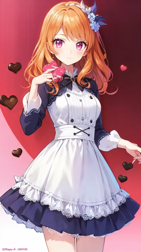 masterpiece, Highest quality, Super Detail,  in detail, High Resolution, 8k Wallpaper,  the background is white ，1 person，Valentine's Day， trying to hand over chocolate，simple background， perfect body，orange hair，pink eye（large1：2，perfect detailed eyes），Cl...