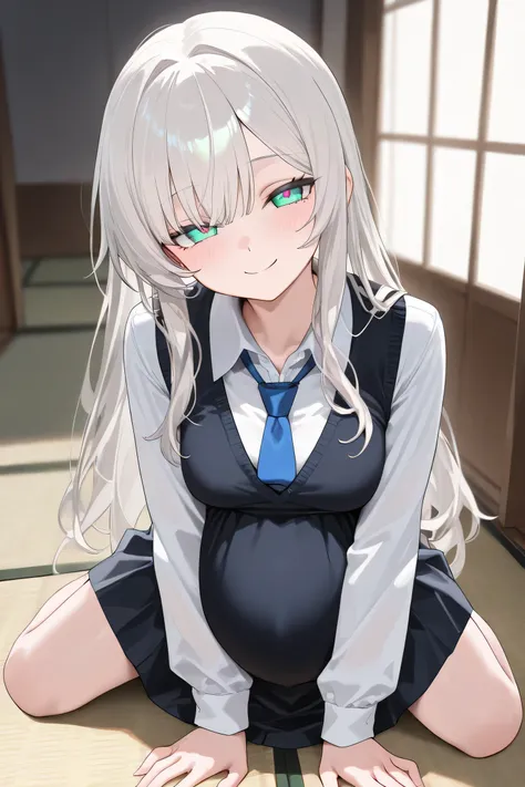 (Best quality, 4k, 8k, high resolution, masterpiece:1.2), ultra detailed, intricate details, beautiful girl, alone, long platinum hair, bangs, green-colored eyes, small-medium breasts, perfect smooth skin, looking at viewer, head tilted, school uniform, (P...