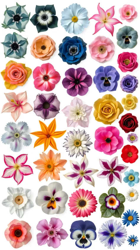 This image is a collection of high-resolution photographs of a wide variety of flowers, each presented individually on a white background. Let's break down its features and potential uses:

Features:

High-Resolution Photography: The images are professiona...