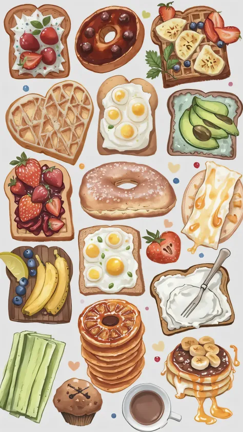 This image is a delightful collection of watercolor-style illustrations depicting a variety of breakfast foods. Let's analyze its features and potential uses.

Features:

Style: The illustrations are done in a style reminiscent of watercolor paintings, wit...