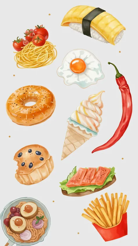 This image is a collection of charming watercolor illustrations depicting a variety of foods. Let's analyze its features and potential uses.

Features:

Style: The illustrations are executed in a watercolor style, characterized by soft, blended colors and ...