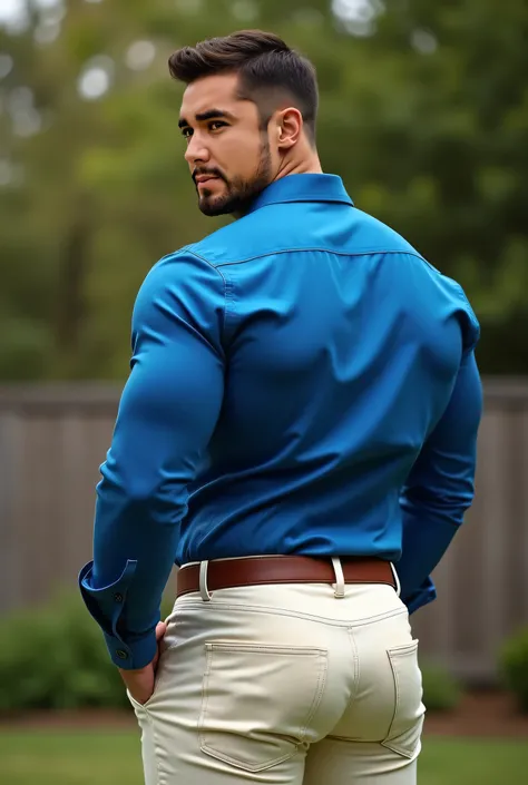  Realistic photograph , 35-year-old muscular (((athletic man))) , , View from below, nalgon  in profile, stripe blue formal shirt and very tight evory jeans, brown belt,  in profile, Big butt, viendo a cámara,  black eyes, in the yard, sexy man, very big b...