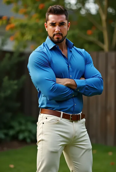  Realistic photograph , 35-year-old muscular (((athletic man))) , , View from below, nalgon  in profile, stripe blue formal shirt and very tight evory jeans, brown belt,  in profile, Big butt, viendo a cámara,  black eyes, in the yard, sexy man, very big b...