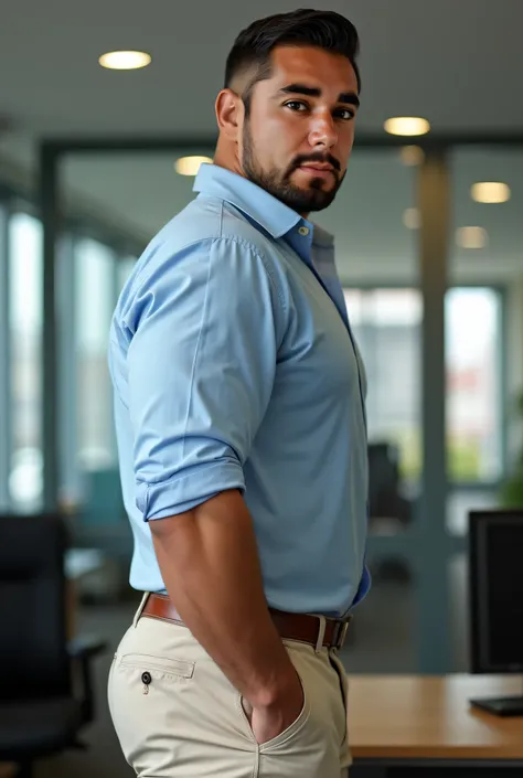  Realistic photograph ,  maintain the visual coherence of the character "Mario el lindo", 37-year-old muscular Atletic Man ,  black hair brushed backwards. View from below,  in profile, light blue shirt and ligth beige tight trousers, brown belt, viendo a ...