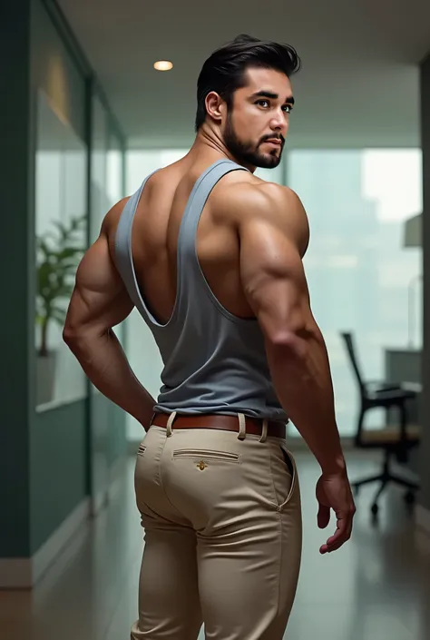  Realistic photograph ,  maintain the visual coherence of the character "Mario el lindo", 37-year-old muscular Atletic Man ,  black hair brushed backwards. View from below,  in profile, light blue shirt and ligth beige tight trousers, brown belt, viendo a ...