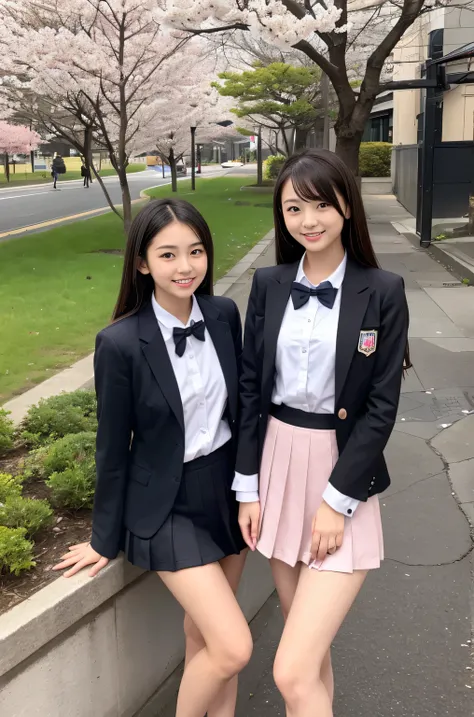 Two girls (20 years old, Japanese pretty face) is wearing high school uniform with mini skirt near cherry blossoms.