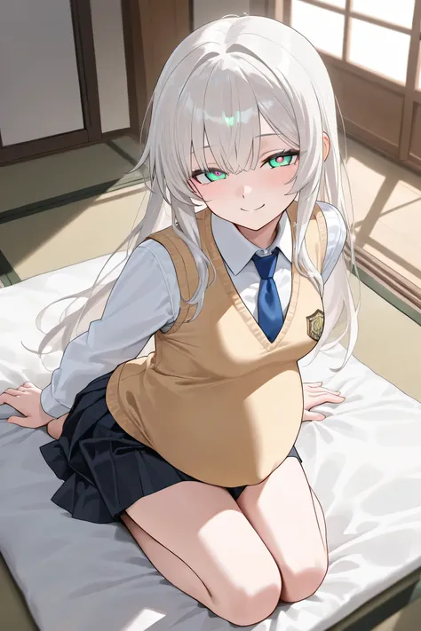 (Best quality, 4k, 8k, high resolution, masterpiece:1.2), ultra detailed, intricate details, beautiful girl, alone, long platinum hair, bangs, green-colored eyes, small-medium breasts, perfect smooth skin, looking at viewer, head tilted, school uniform, (P...