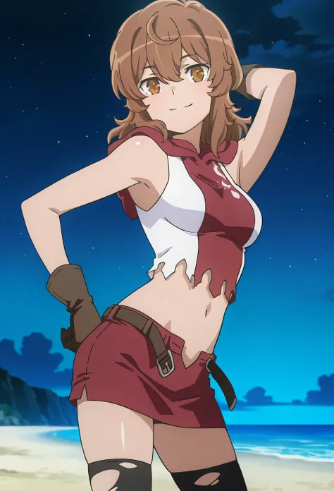 LiliAdventurer, anime screencap, masterpiece, best quality,
medium hair, brown hair, brown eyes, hair between eyes,
torn shirt, hood, sleeveless shirt, crop top, red shirt, white shirt,
miniskirt, red skirt, open fly, open belt, brown belt,
brown gloves, t...