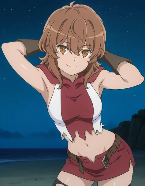 LiliAdventurer, anime screencap, masterpiece, best quality,
medium hair, brown hair, brown eyes, hair between eyes,
torn shirt, hood, sleeveless shirt, crop top, red shirt, white shirt,
miniskirt, red skirt, open fly, open belt, brown belt,
brown gloves, t...